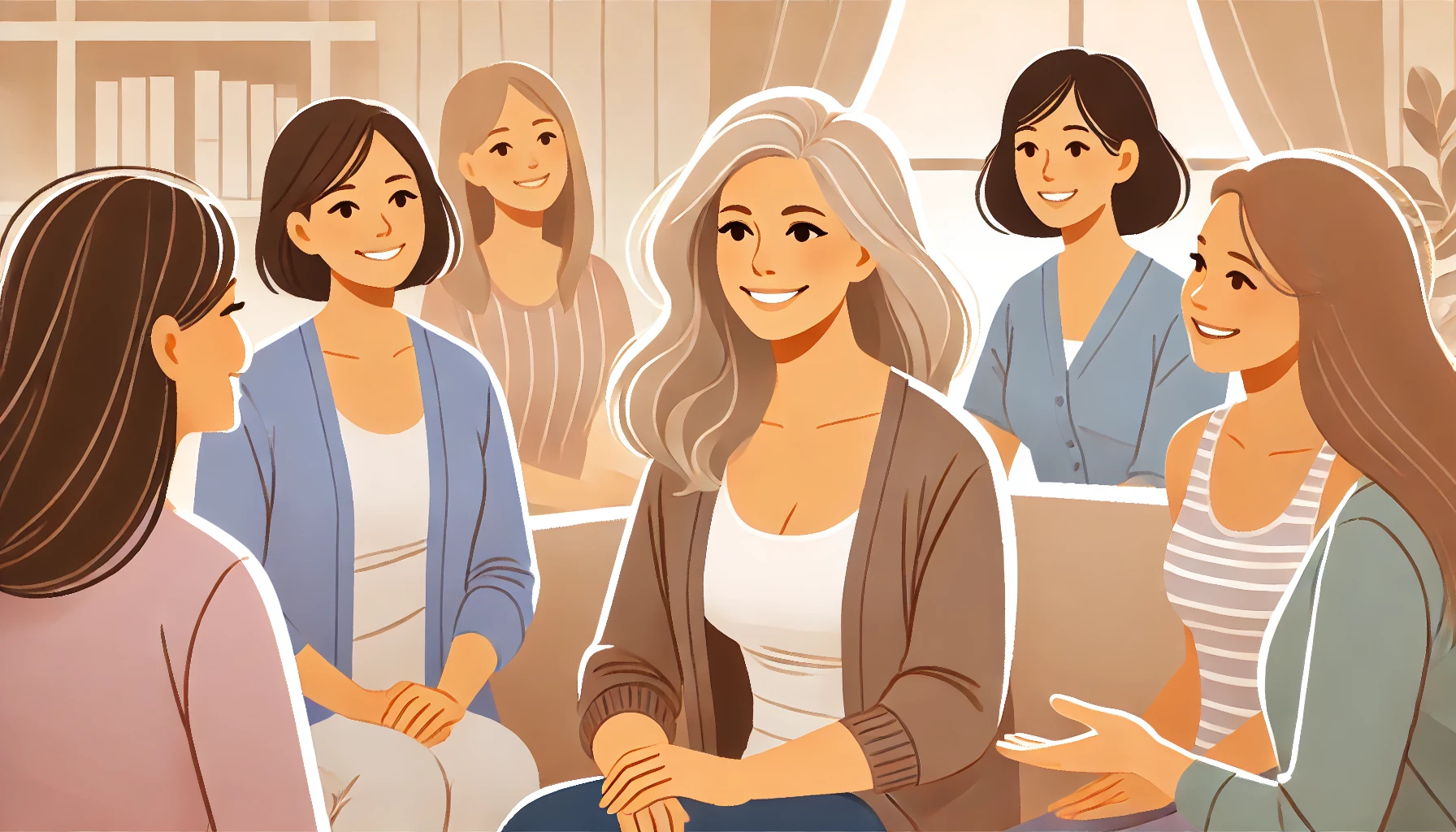 커뮤니티모임에-나가서-여성들과-대화하는-중년여성