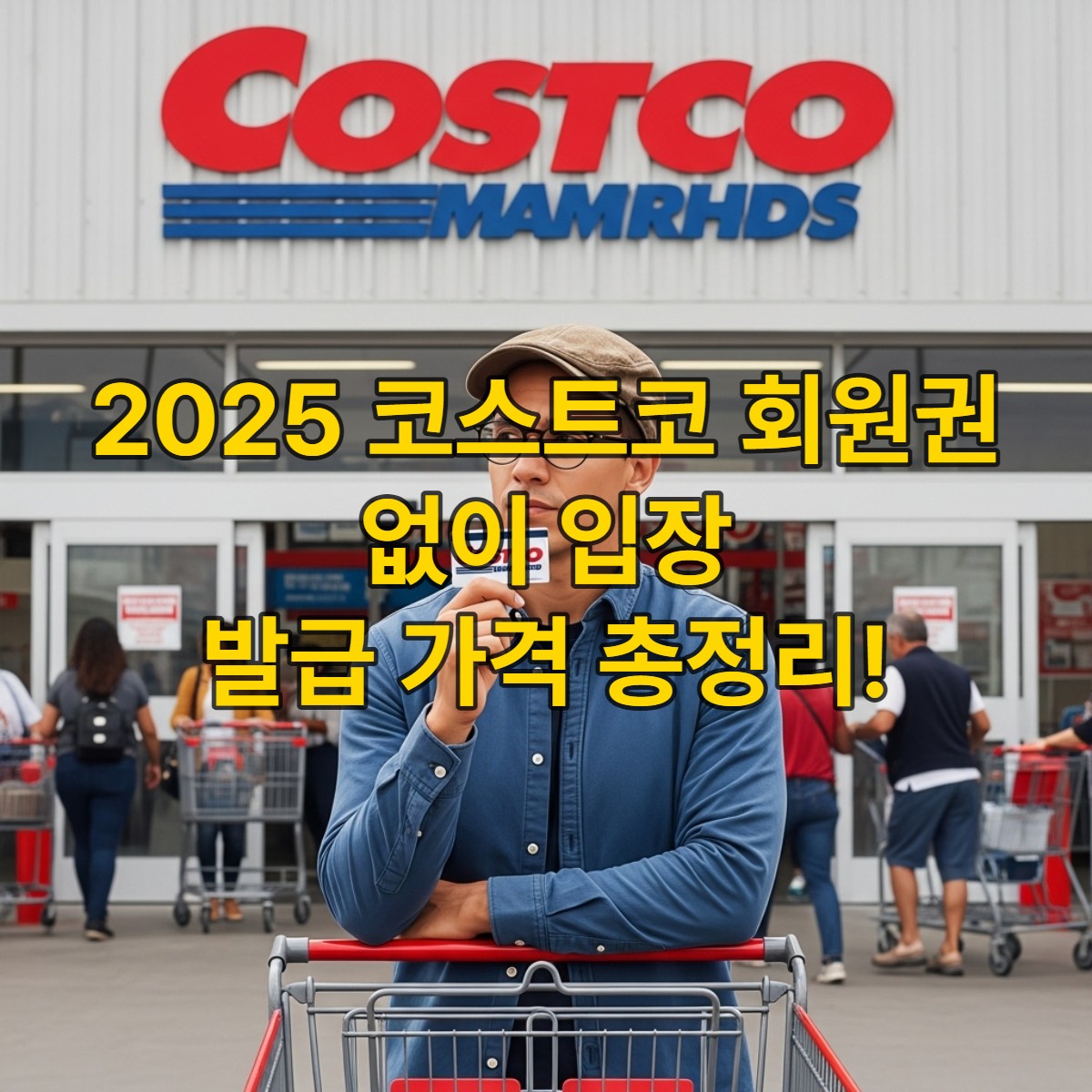 코스트코 매장 앞에서 회원증을 들고 고민하는 사람과 쇼핑 카트