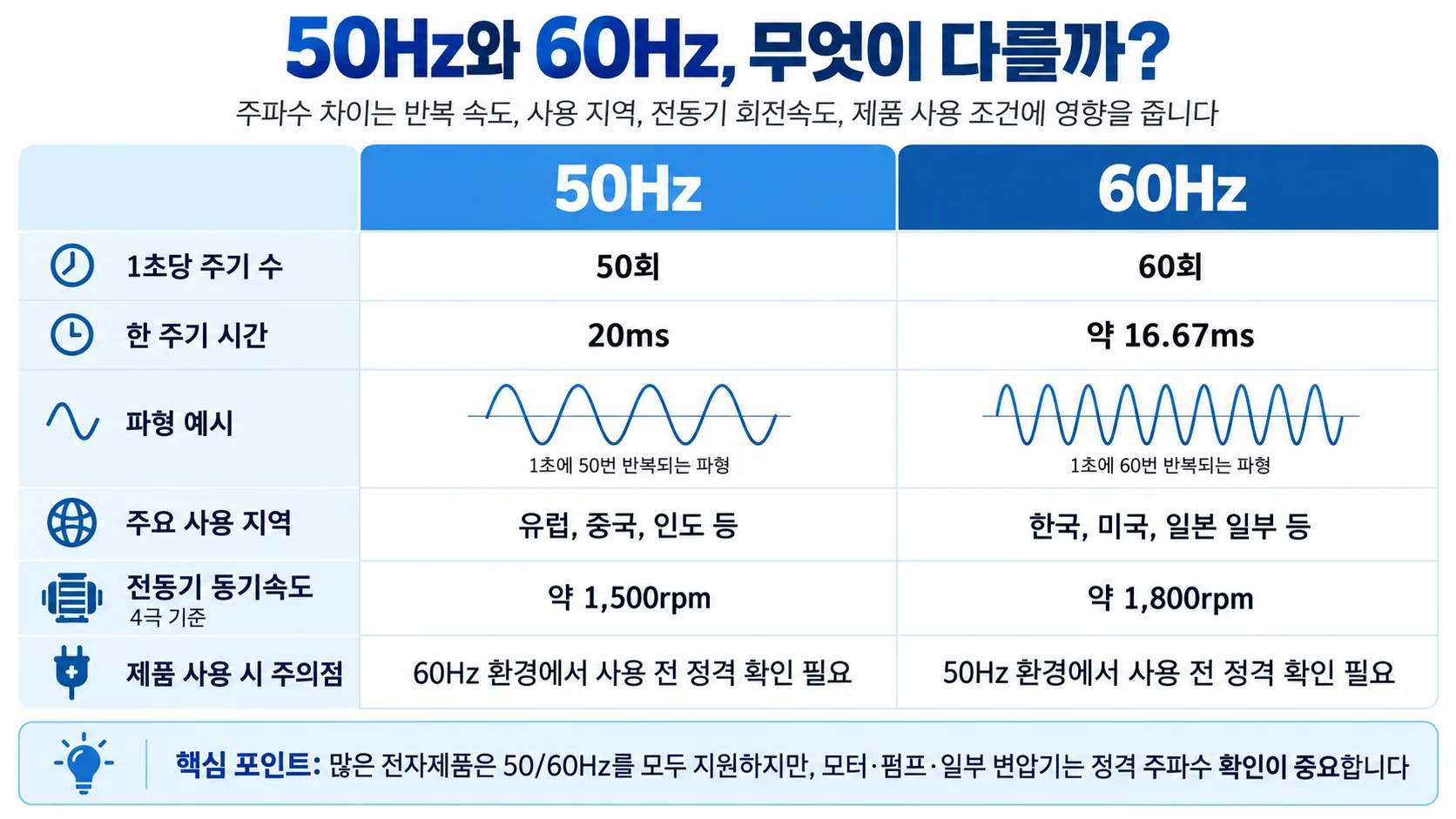 50Hz와 60Hz의 주기 시간과 전동기 회전속도 차이를 비교한 인포그래픽