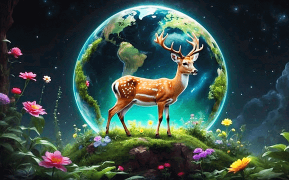 둥그런 지구 안에 수사슴이 들어있다. 주변에 분홍꽃, 노란꽃들이 피어있다.