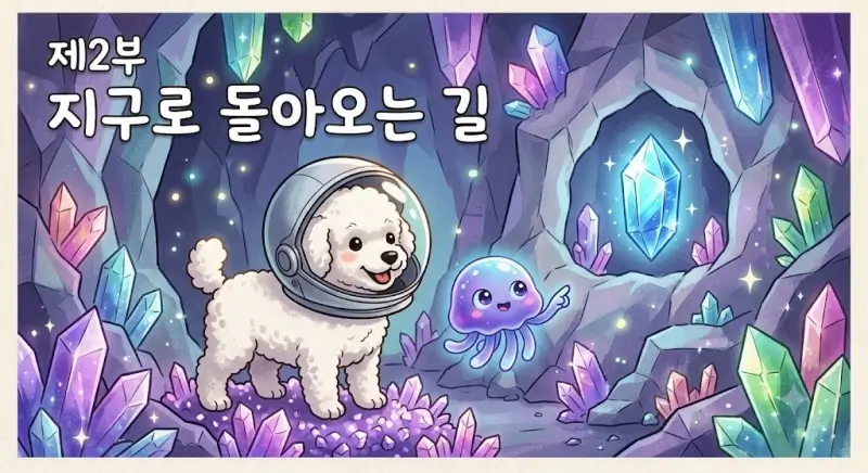 "젤리퐁의 안내를 받으며 반짝이는 크리스탈 동굴 속에서 푸른빛 에너지 원석을 발견하고 기뻐하는 코코.