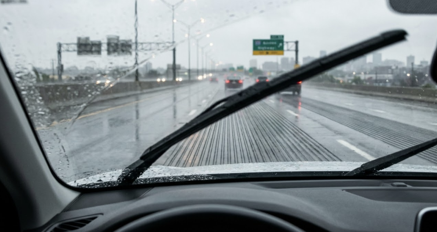 NASA 그루빙(Grooving) 기술이 적용된 비 오는 고속도로와 타이어 자국