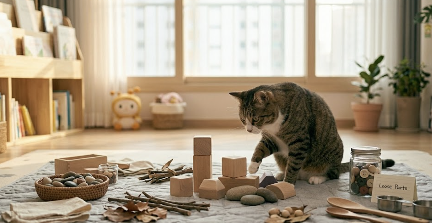 고양이가 아이의 연구 재료를 궁금해하는 모습