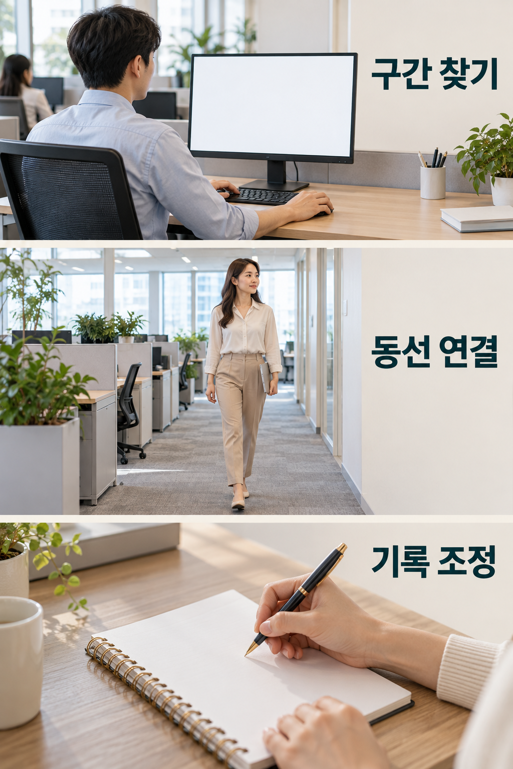 업무 전환&middot;안전한 통로&middot;기록을 새로운 대각선 구도로 연결한 실사 인포그래픽