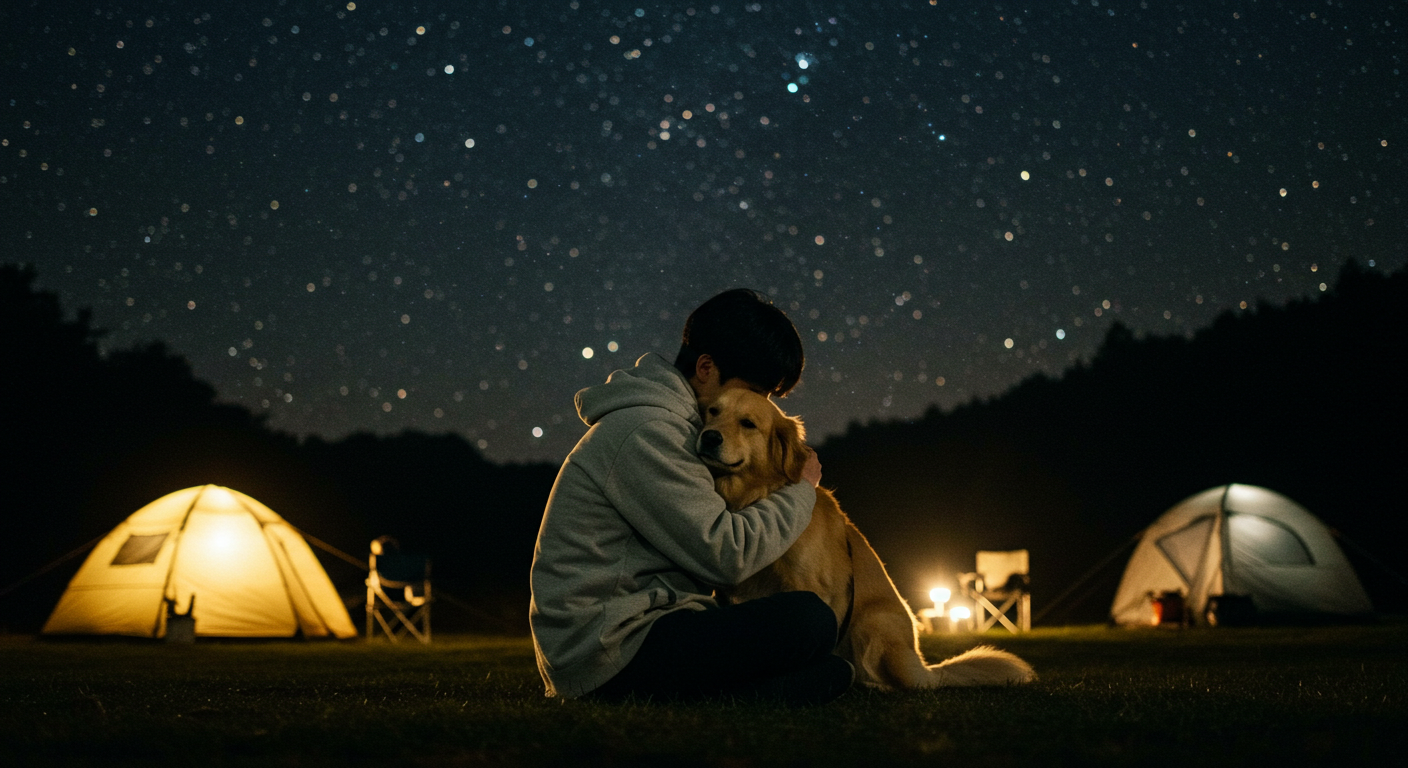강원도 야외에서 반려견을 안고 별을 바라보는 한국인