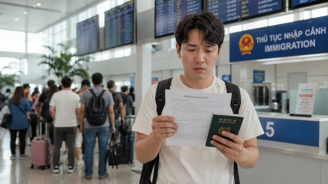 베트남 공항 출입국 심사대 앞에서 당황한 표정으로 여권을 들고 있는 남성 여행객