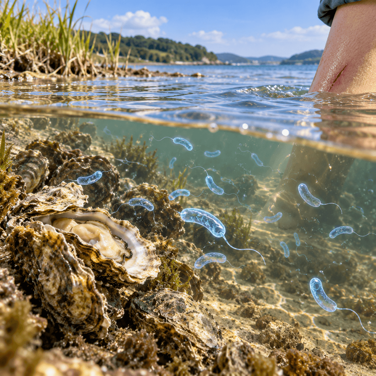 Vibrio vulnificus가 따뜻한 기수와 상처 주변에 존재하는 모습