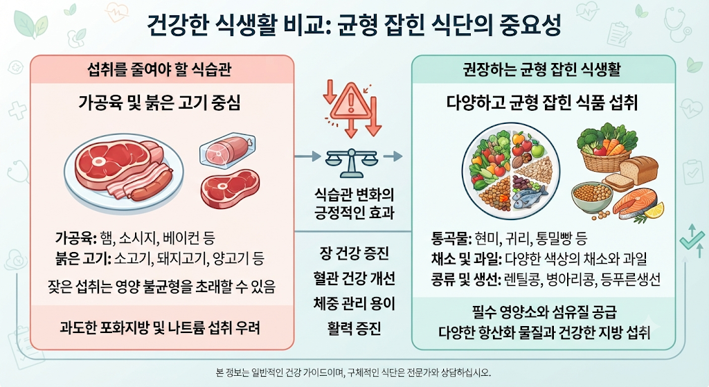 대장암 위험과 관련된 가공육과 붉은 고기 섭취 줄이기