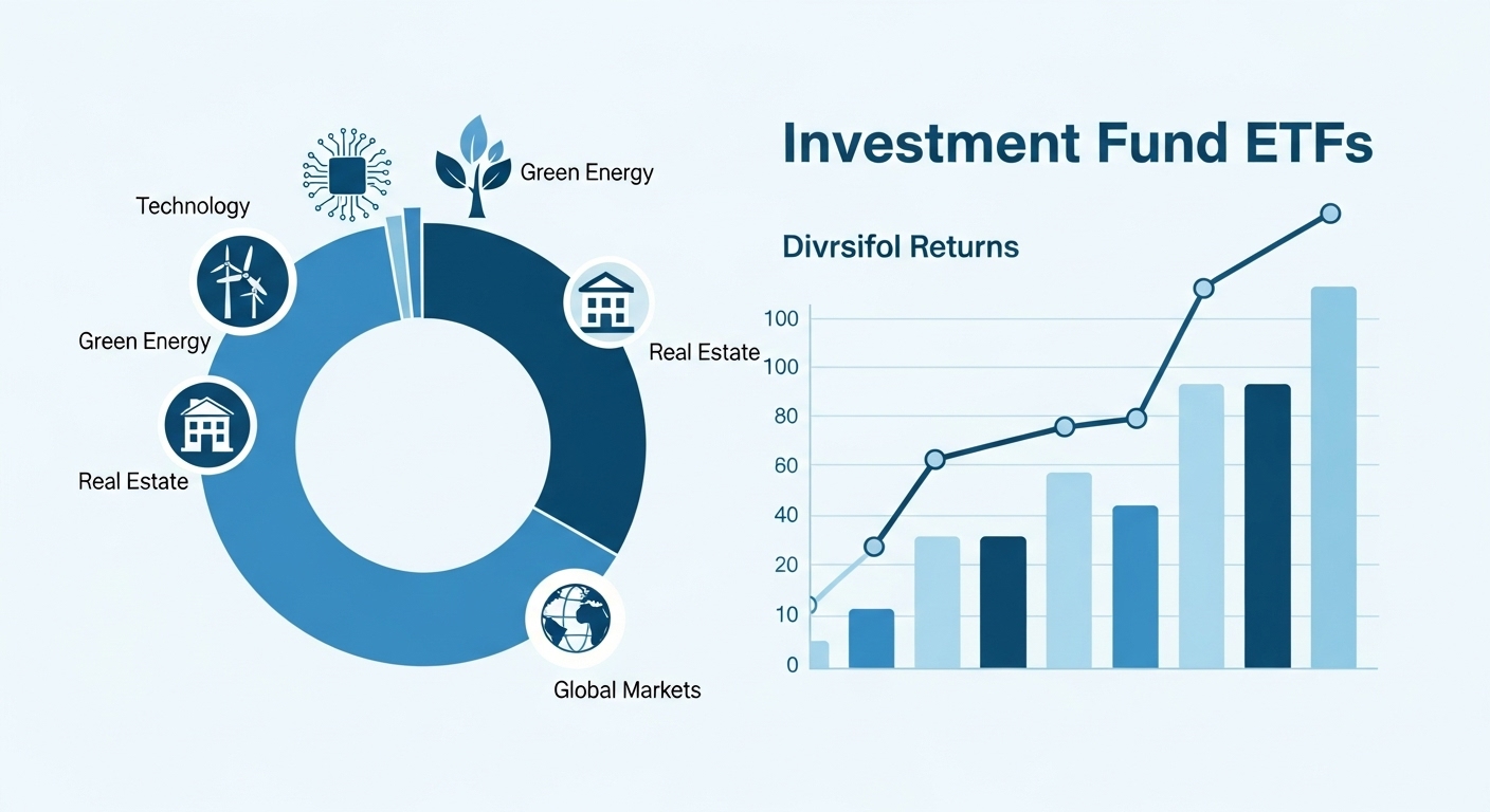 간접 투자를 위한 다양한 펀드와 ETF를 시각적으로 보여주는 그래픽. 분산 투자와 안정적인 수익률을 강조.