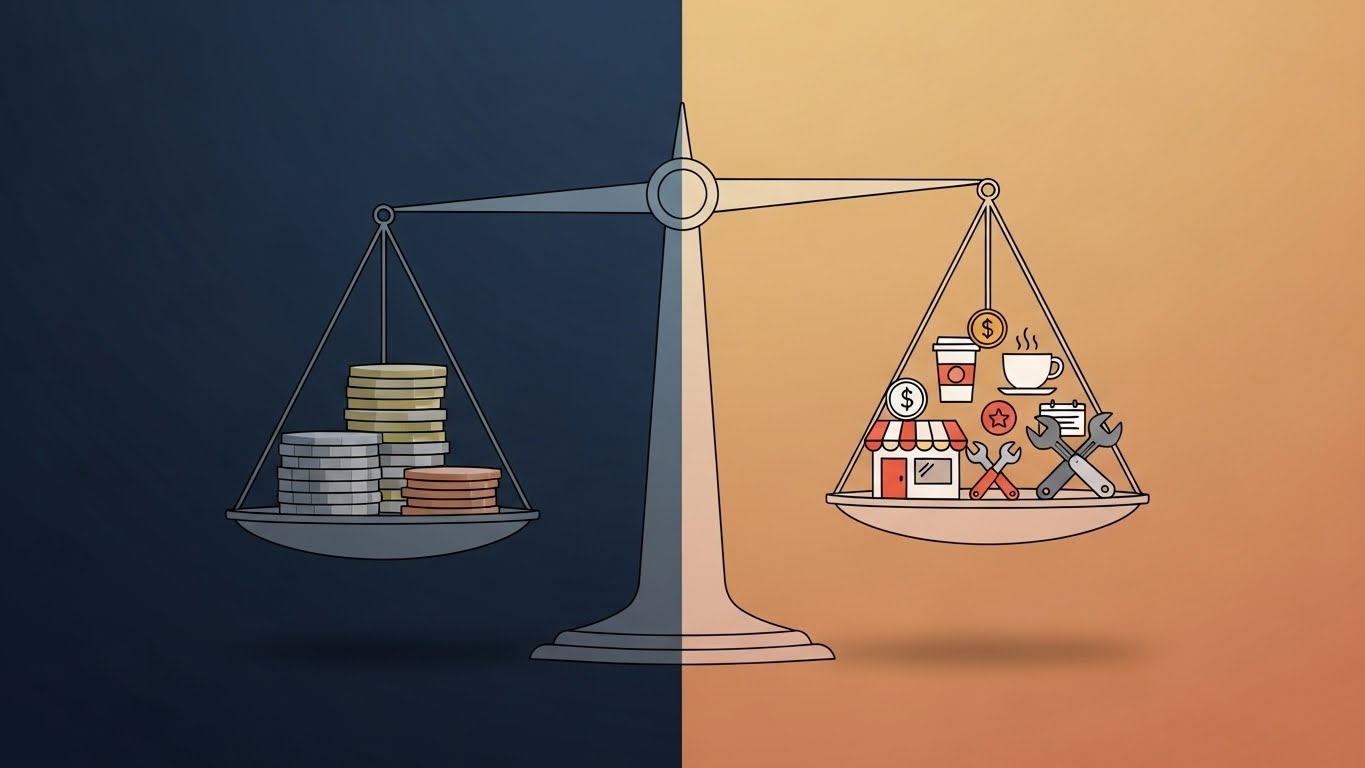 화면을 반으로 나눈 저울 일러스트 - 왼쪽에는 동전 더미가 담긴 어두운 배경, 오른쪽에는 소규모 비즈니스 아이콘(카페, 공구, 문서)과 달러 기호가 담긴 밝은 배경으로 금전적 가치와 사업 가치의 균형을 표현한 재무 관리 개념