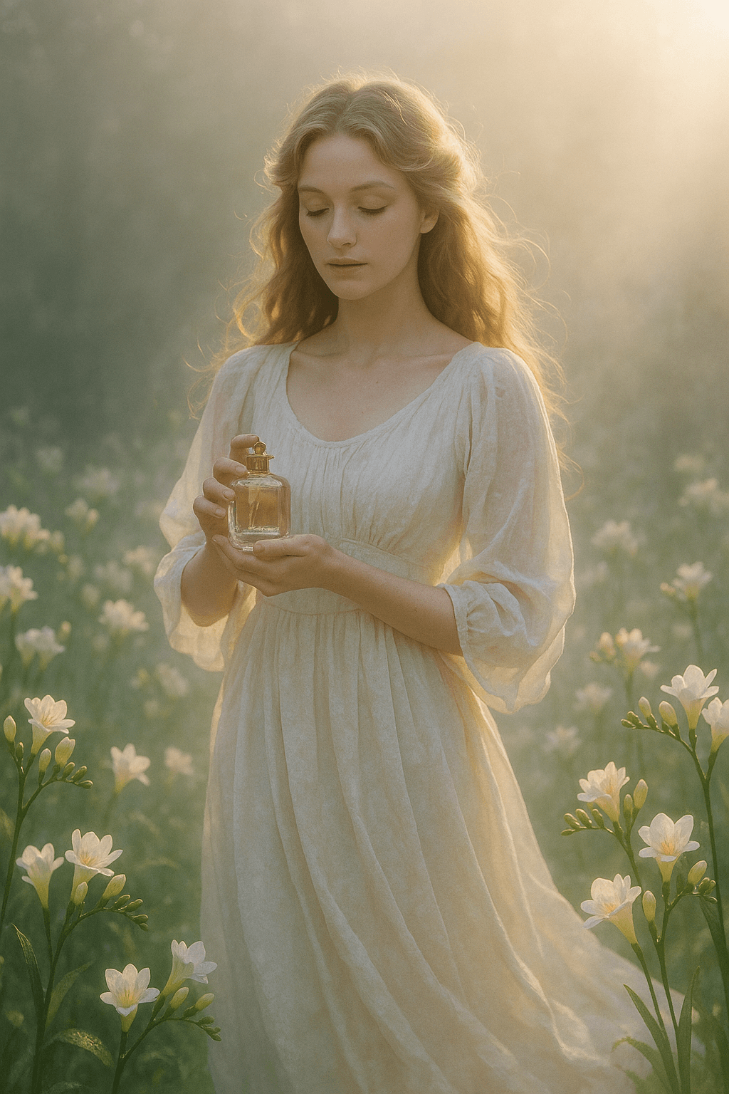 하얀 드레스를 입은 천사 같은 젊은 여성이 안개 낀 프리지아 꽃 정원 한가운데에 서서 유리 향수병을 조심스레 들고 있는 모습. 부드러운 빛이 그녀를 감싸며 순수하고 신비로운 분위기를 자아냄