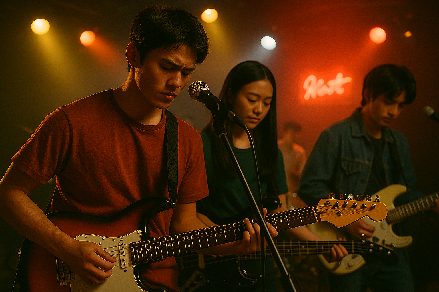 밴드 공연 장면에서 기타를 연주하는 청춘들의 모습