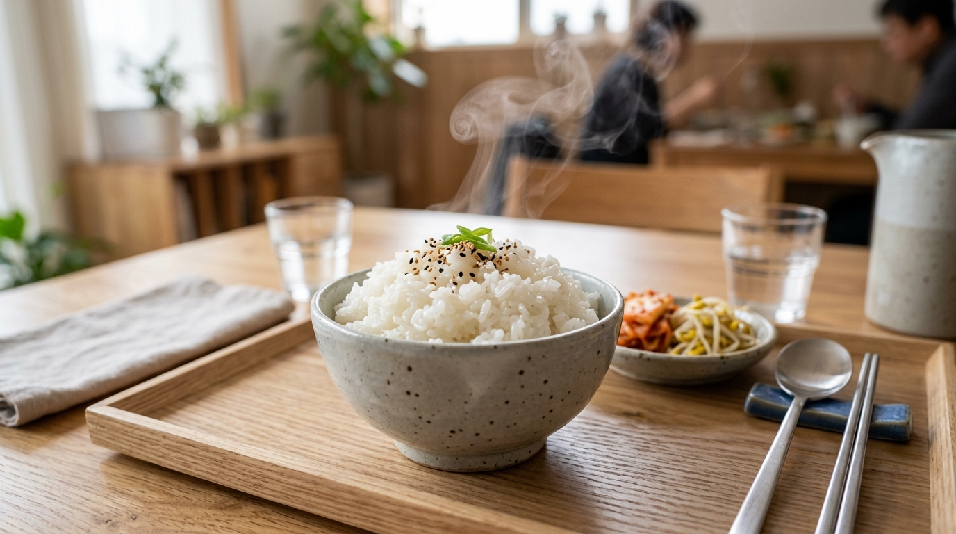 6인용 밥솥으로 완성된 찰기 넘치는 밥이 담긴 정갈한 밥상