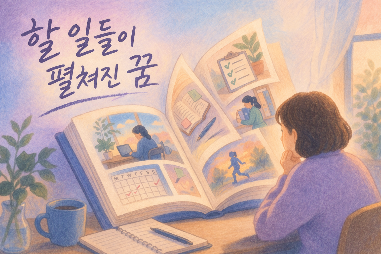 해야 할 일이 책 장면처럼 펼쳐지는 꿈 일러스트