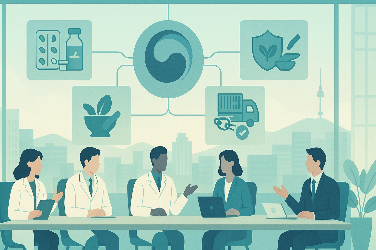 2025년 10월 식약처 소관 4대 법률 개정 흐름을 상징적으로 표현한 와이드 일러스트로, 회의 테이블에서 전문가들이 협의하는 장면과 함께 의약품 안정공급, 천연물 안전관리, 마약류 관리·추적, 위생용품 수입검사 자동화, 시험검사기관 교육 유연화를 아이콘으로 암시해 실무 대응과 컴플라이언스 강화를 시각화한 이미지.