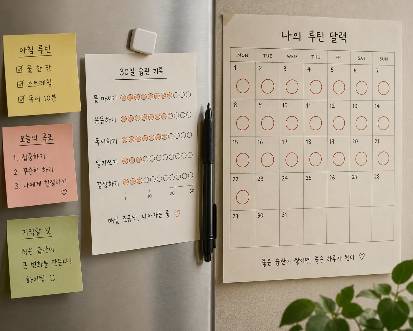 루틴을 지킨 날마다 동그라미로 표시한 습관 기록