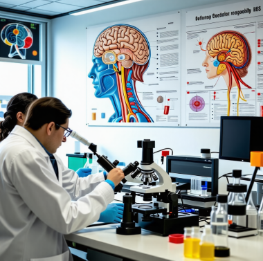 실험실에서 연구를 진행 중인 과학자들의 모습. 현미경, 시험관, 컴퓨터 등 첨단 장비들이 보이며, 벽에는 뇌와 신경계 구조를 나타내는 포스터가 붙어있음.