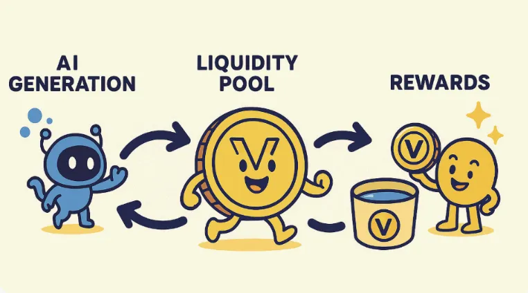 AI Generation → Liquidity Pool → Rewards 순환 구조를 설명하는 일러스트. 이 이미지는 VIRTUAL 토큰이 AI 생성, 유동성 공급, 보상 순환 구조 속에서 생태계를 순환시키는 흐름을 직관적으로 시각화한 블로그 설명용 시각 자료임 (virtual token utility cycle)