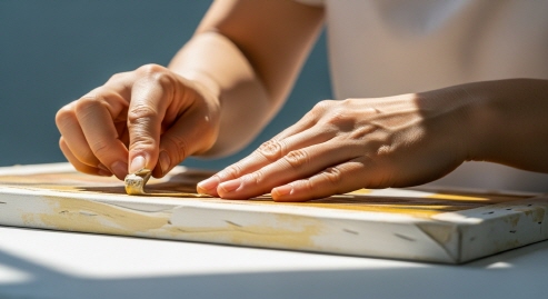 유화 캔버스를 준비하는 중년 여성의 손, 디테일 위주