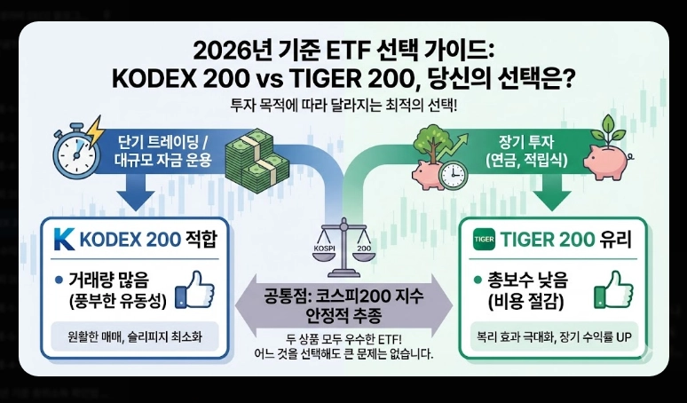KODEX 200 vs TIGER 200 비교 총보수&middot;거래량&middot;순자산 분석 및 선택 가이드 (2026)