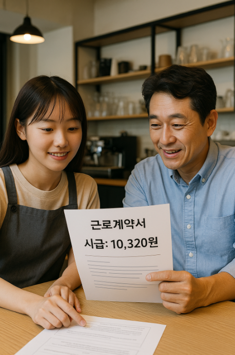 카페에서 아르바이트생과 점주가 함께 근로계약서를 보며 시급을 확인하는 장면