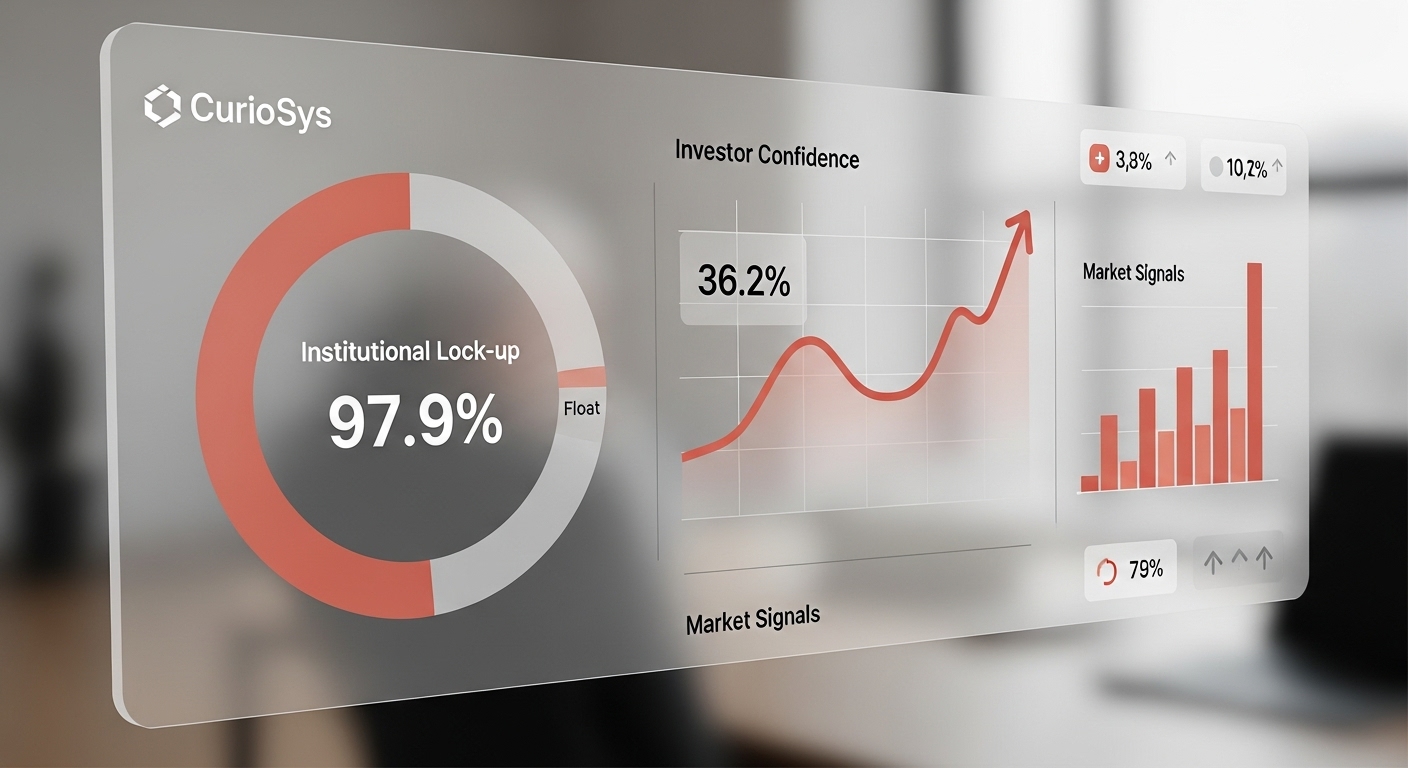 큐리오시스(CurioSys)의 높은 기관 확약 비율(97.9%)과 긍정적인 상장 분위기를 나타내는 데이터 분석 대시보드 이미지.