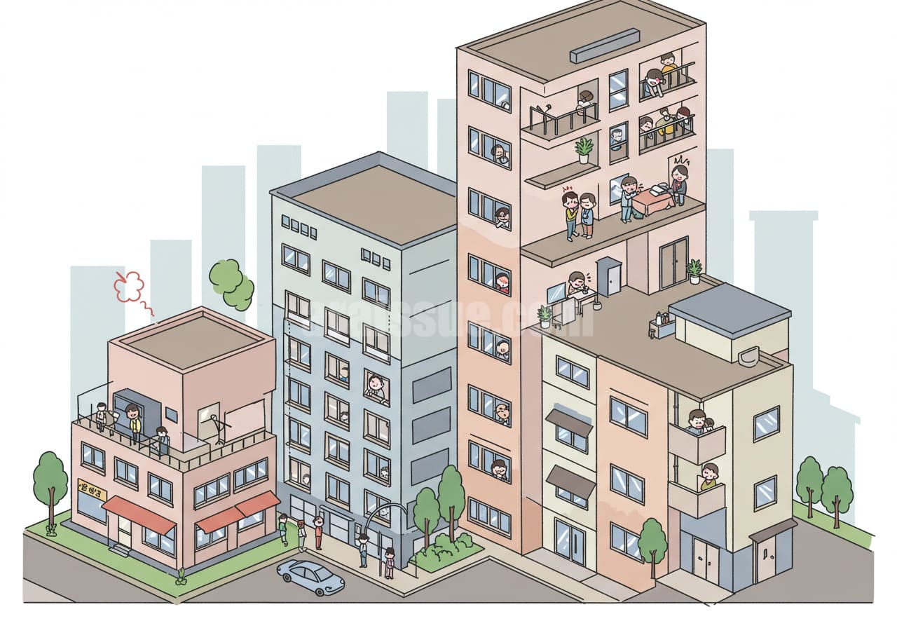 오피스텔, 다가구, 연립주택 거주자들이 층간소음 문제로 각 창문에서 불만을 표하는 장면