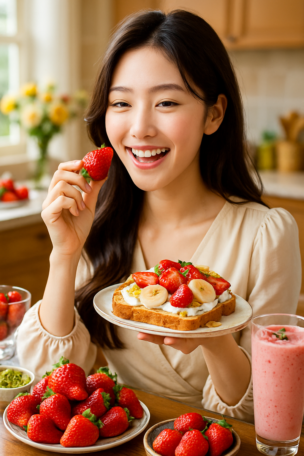 딸기와바나나를 요리해 먹는모습