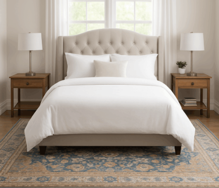 침대를 돋보이게 하는 바닥재, 러그 톤 조합 관련 사진