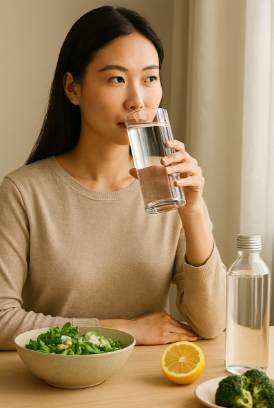 체내 노폐물 배출을 돕는 생활습관과 식단 전략을 시각적으로 표현한 장면