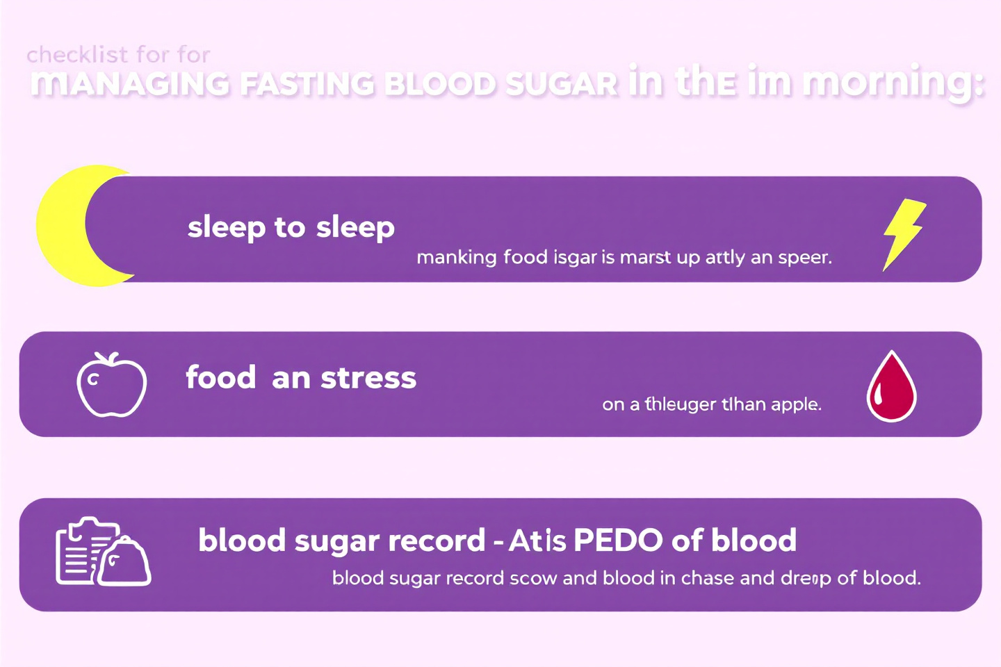 "아침 공복 혈당 조절을 위한 일일 체크리스트: 수면, 식사, 스트레스, 혈당 기록 항목 등 포함"