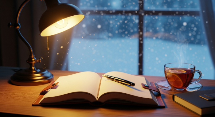 2025년 겨울, 따뜻한 조명 아래 놓인 감정 일기장과 김이 모락모락 나는 차 한 잔, 창밖으로 보이는 눈 내리는 풍경