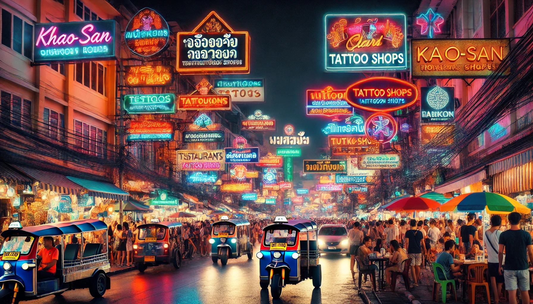 네온사인이 반짝이는 카오산 로드의 활기찬 밤거리