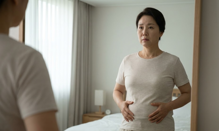 50대 중년 여성이 아침 햇살이 들어오는 창가에 서서 미지근한 물 한 잔을 마시며 평온하게 건강을 관리하는 모습.