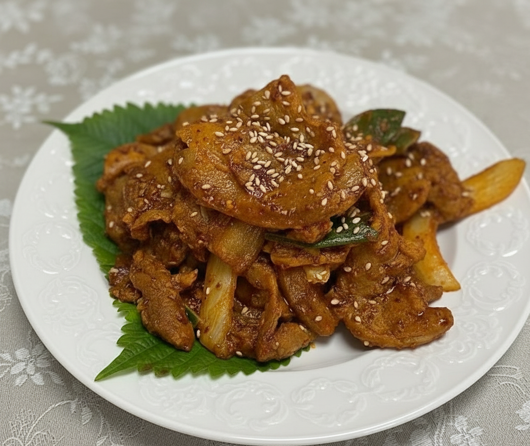 화이트 세라믹 접시에 깻잎을 깔고 정갈하게 담아낸 고추장 제육볶음. 통깨를 뿌려 마무리한 돼지고기 앞다리살 요리와 미학적인 플레이팅 스타일.
