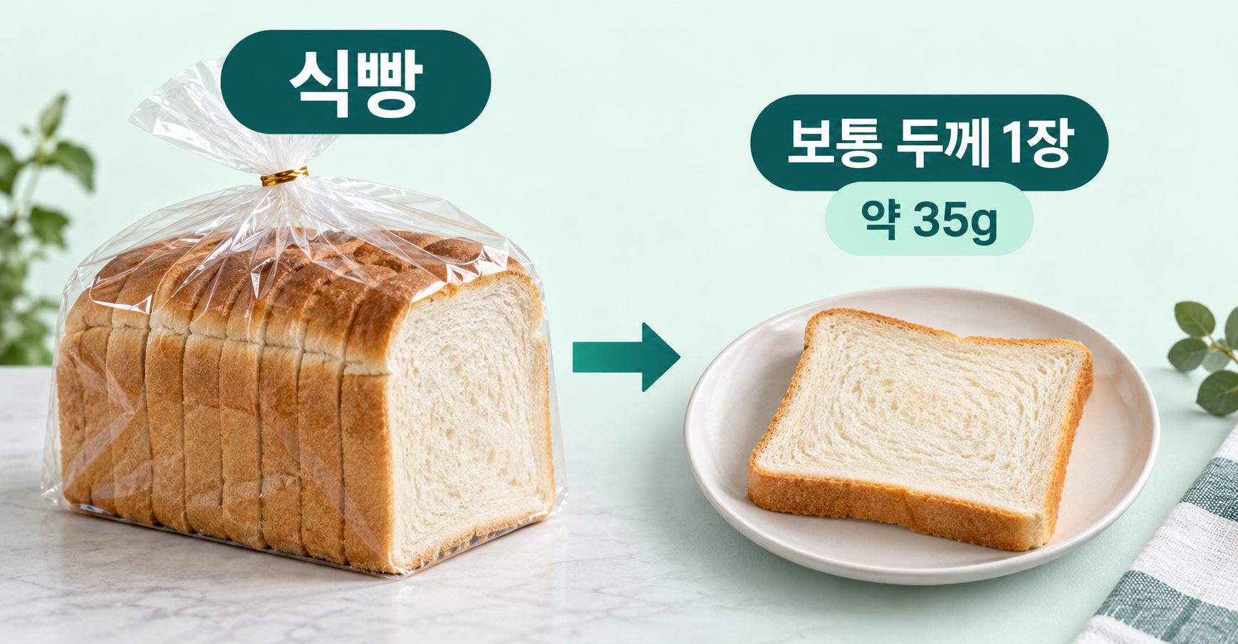 식빵 실사 분량 비교. 식빵 한 봉지와 그중 1장 약 35g. 원문 1 slice=35g. 장당 중량은 두께·제품에 따라 달라지며 실제 포장 표시로 가늠을 조정.