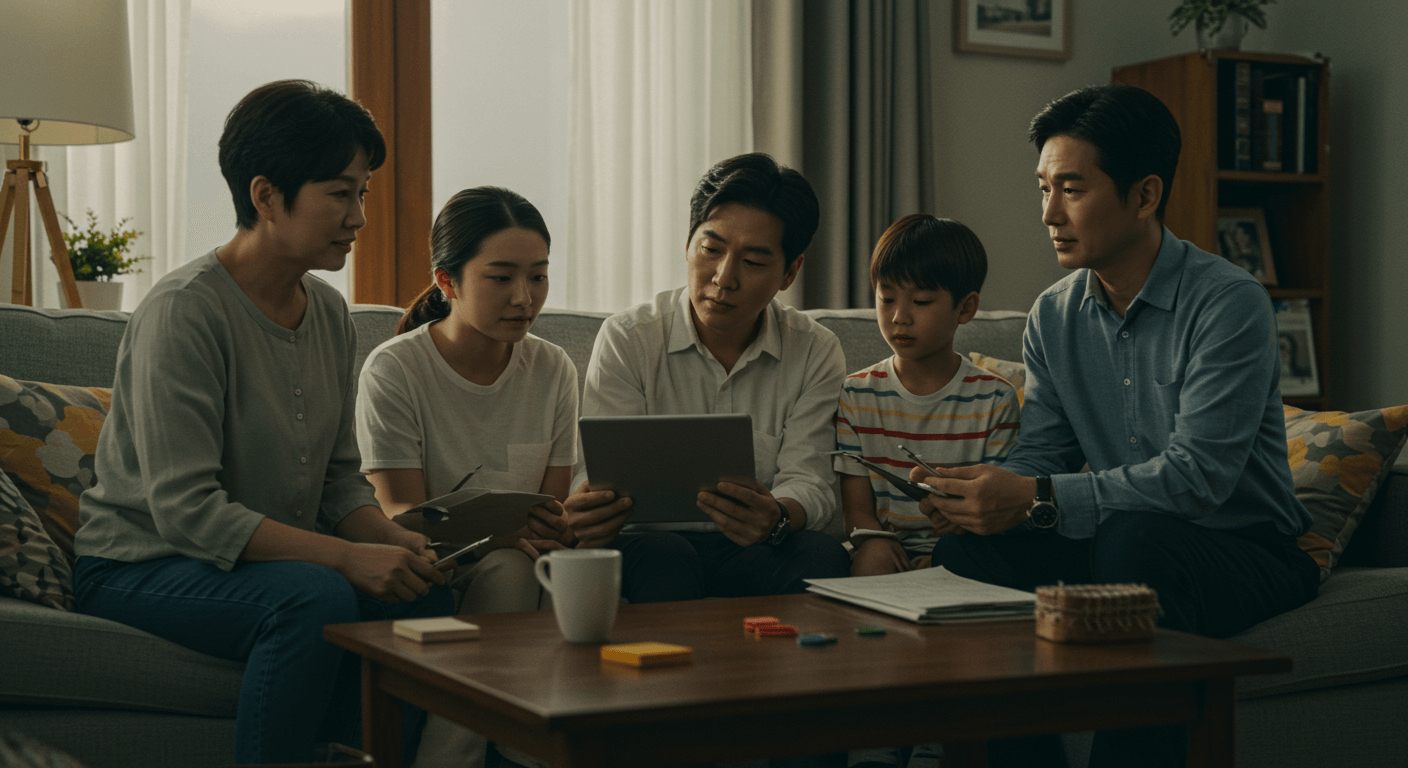 가족이 거실에서 OTT 혜택을 비교하며 합리적인 선택을 고민하는 장면 2