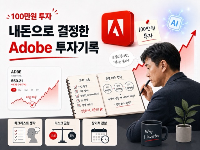 Adobe 주식에 100만원을 투자하며 분할매수 전략과 리스크를 기록하는 40대 개인 투자자의 투자 노트 이미지