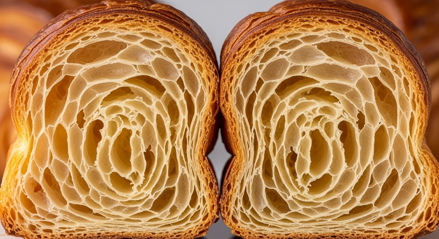 반으로 자른 크로와상의 내부 단면을 포착한 매크로 샷. 완벽한 벌집 모양(Honeycomb structure)의 공기층과 겹겹이 쌓인 얇은 반죽 층이 정교하게 보이며, 고성능 생지에서만 볼 수 있는 이상적인 베이킹 결과를 보여주는 사진