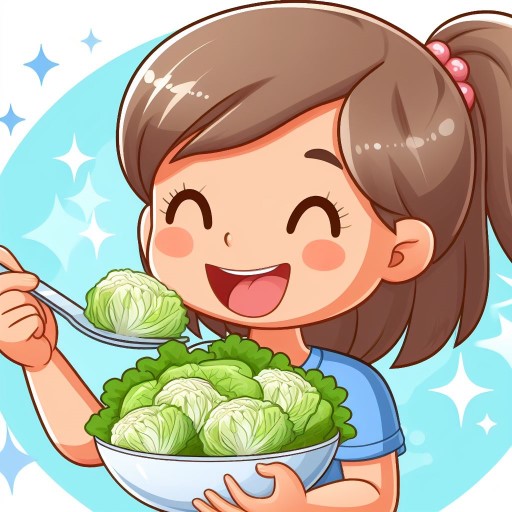A_girl_eating_a_fresh_cabbage_salad_deliciously_in_a_cartoon