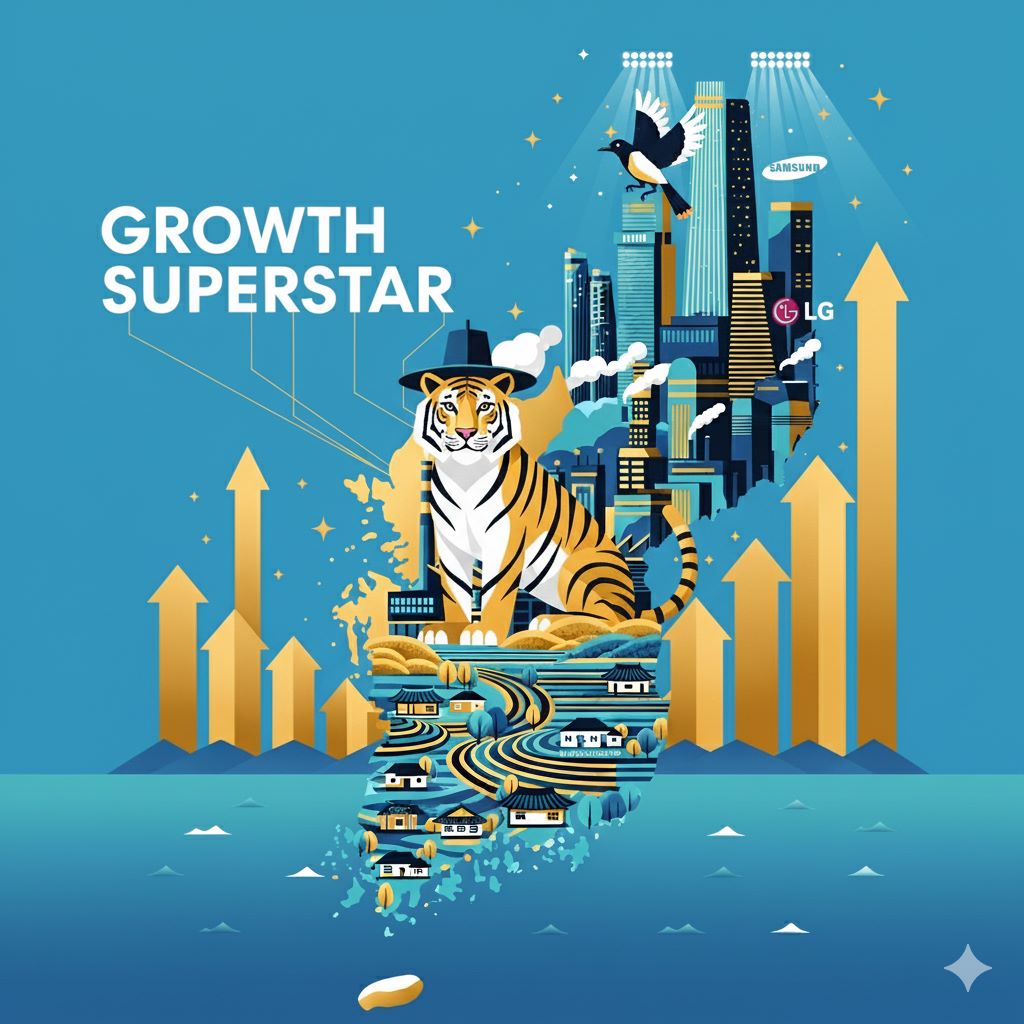 말리카 파브르 스타일의 미니멀하고 기하학적인 일러스트. 역동적으로 솟아오르는 한반도가 어두운 바다에서 시작하여 밝은 파란색 배경 위로 변화한다. 하단에는 논과 전통 한옥이, 중앙에는 산업용 굴뚝과 공장이, 상단에는 삼성 및 LG 로고가 있는 세련된 고층 빌딩과 K-POP 콘서트 무대 조명이 묘사되어 있다. 한복을 입은 호랑이와 까치, 갓이 한국의 상징으로 추가되었다. 황금색 상승 화살표 그래프가 별을 향해 뻗어 있으며, "GROWTH SUPERSTAR"라는 문구가 별자리처럼 떠 있다. 과거부터 현대까지 한국의 극적인 성장을 보여주는 애국적이고 세련된 미학의 작품이다.