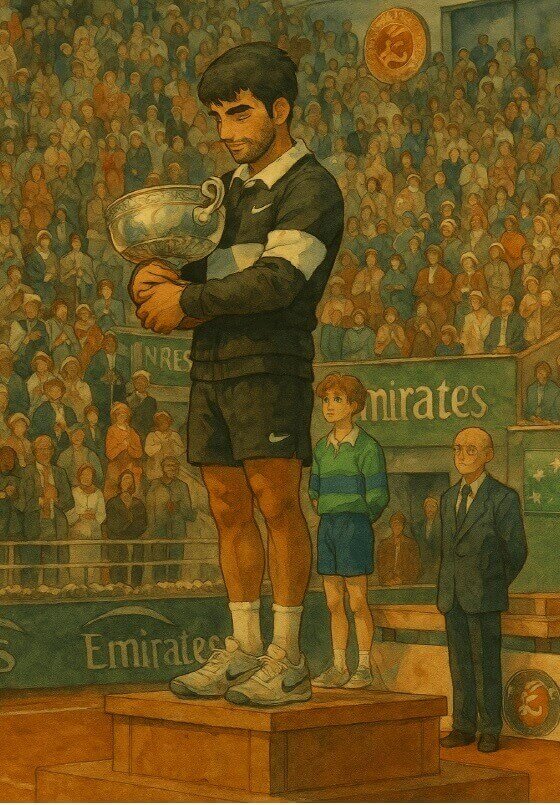 2025 롤랑가로스 우승컵을 든 카를로스 알카라즈의 지브리 스타일 그림사진