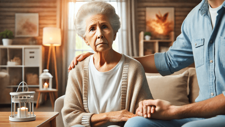 따뜻한 가정 환경 속에서 살짝 혼란스러워하는 할머니