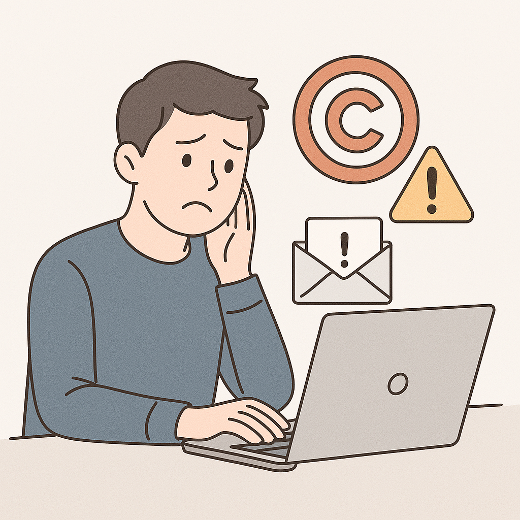 저작권위반메일을 받고 곤란한 표정을 짓고있는 남성 이미지