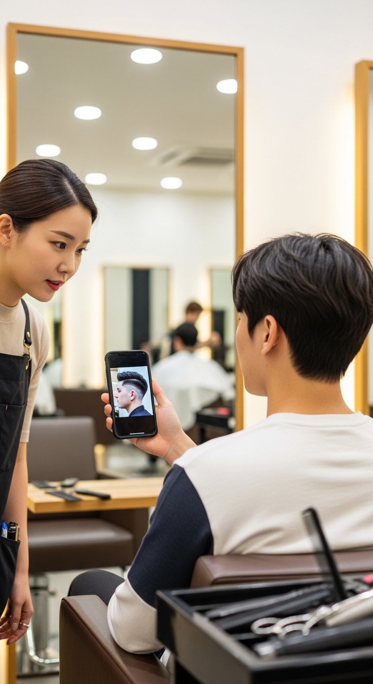 미용실에서 남성 고객이 스마트폰 화면의 헤어 스타일 사진을 디자이너에게 보여주며 상담하고 있는 모습