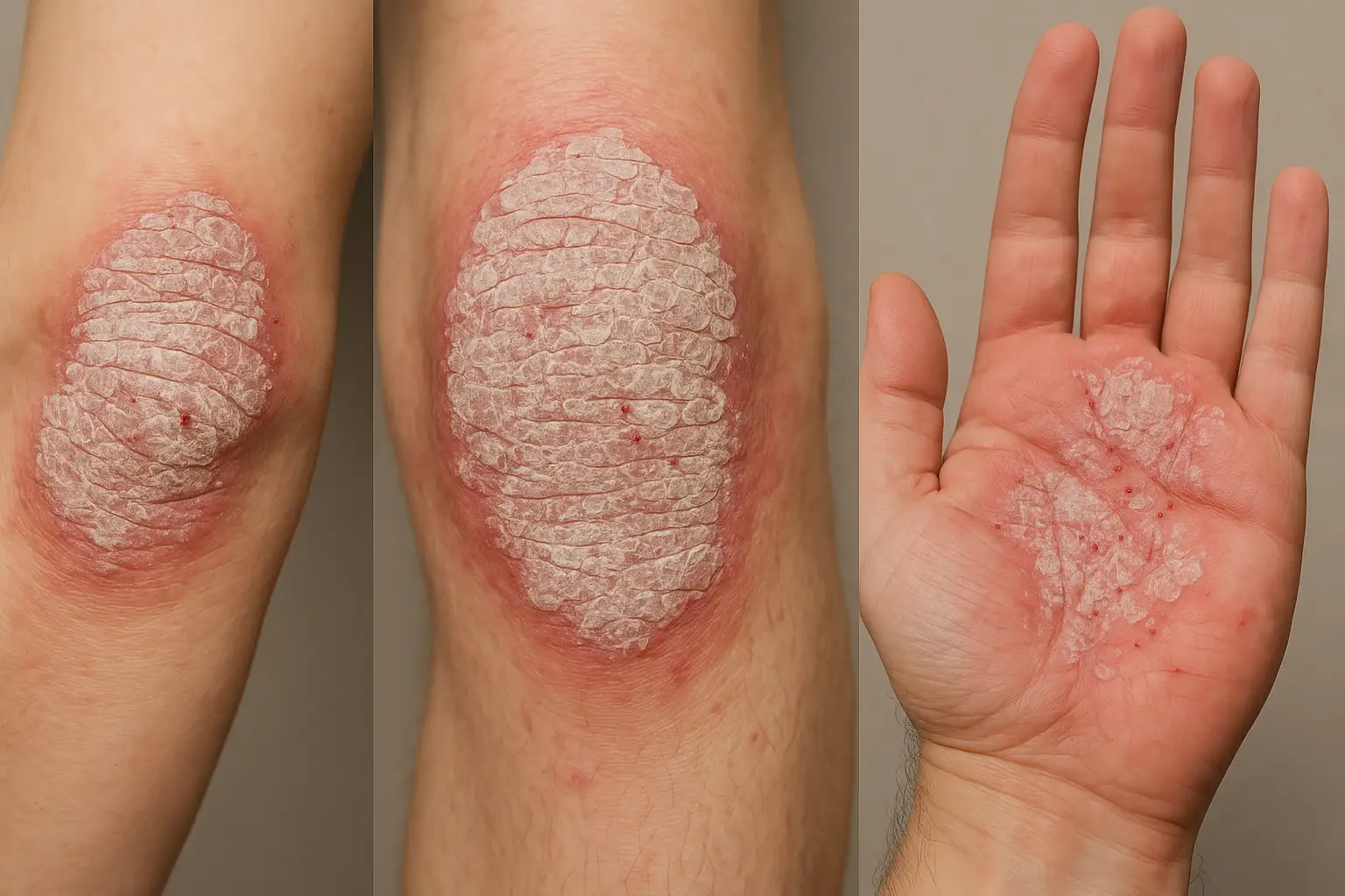 팔꿈치&middot;무릎&middot;손바닥 피부에 하얀 비늘 같은 각질이 겹겹이 쌓여 붉은 발진 위에 나타난 모습, 일부 긁힌 부위에서 점상 출혈이 보이는 장면