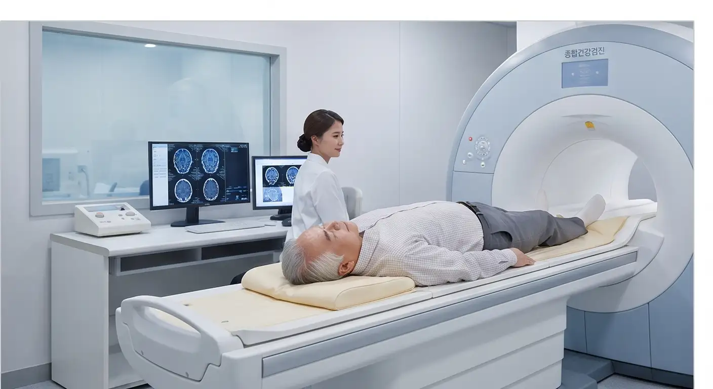 병원 검진실에서 종합건강검진 장비인 MRI 및 CT 촬영 기기에 누워 검사를 받는 환자와 의료진