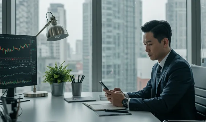 주식 거래 화면을 보고 있는 비즈니스맨이 사무실에서 스마트폰을 사용하는 모습