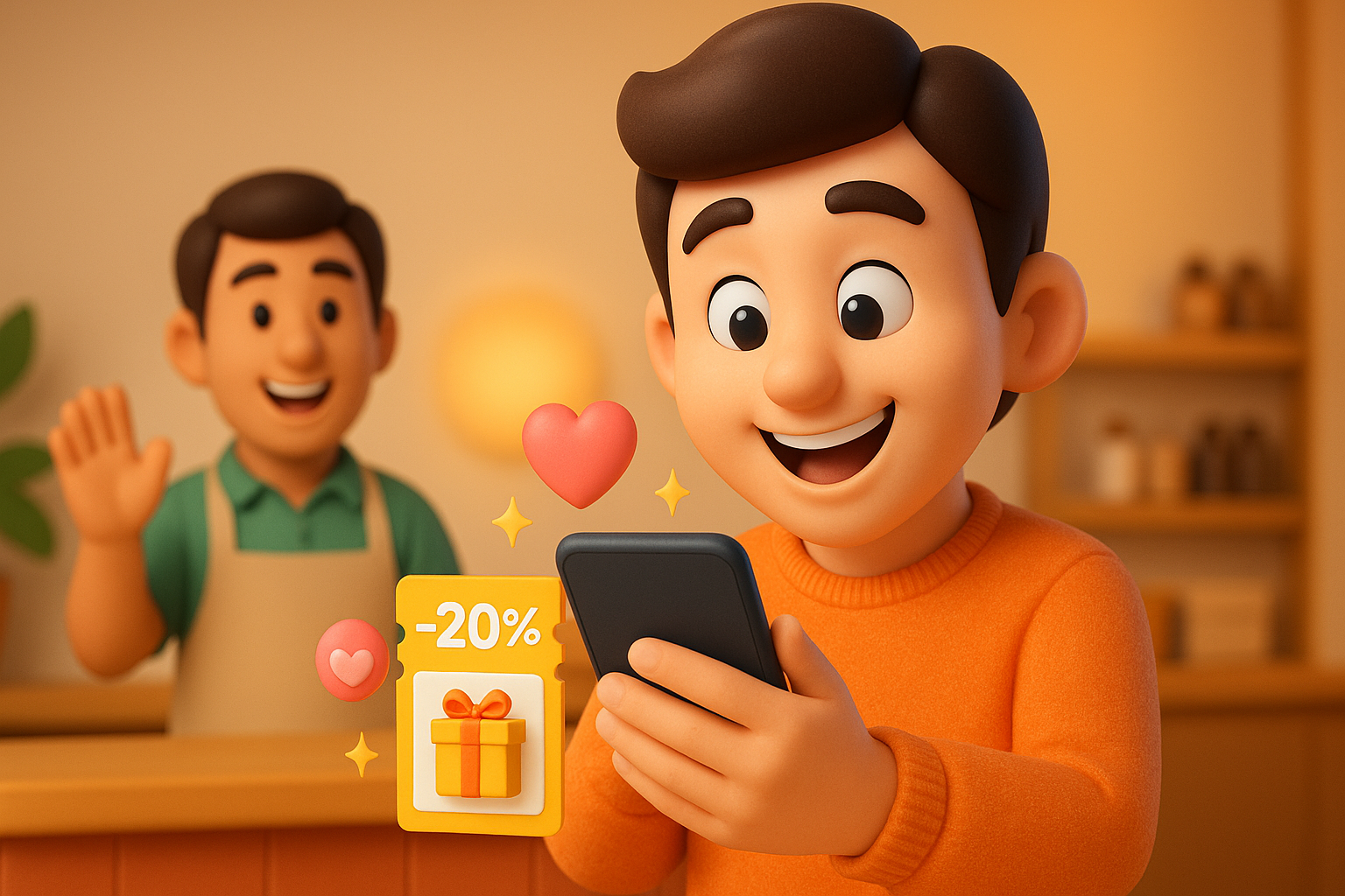 스마트폰으로 개인화된 할인 쿠폰 메시지를 받는 고객의 모습, 배경에 행복한 표정의 가게 주인