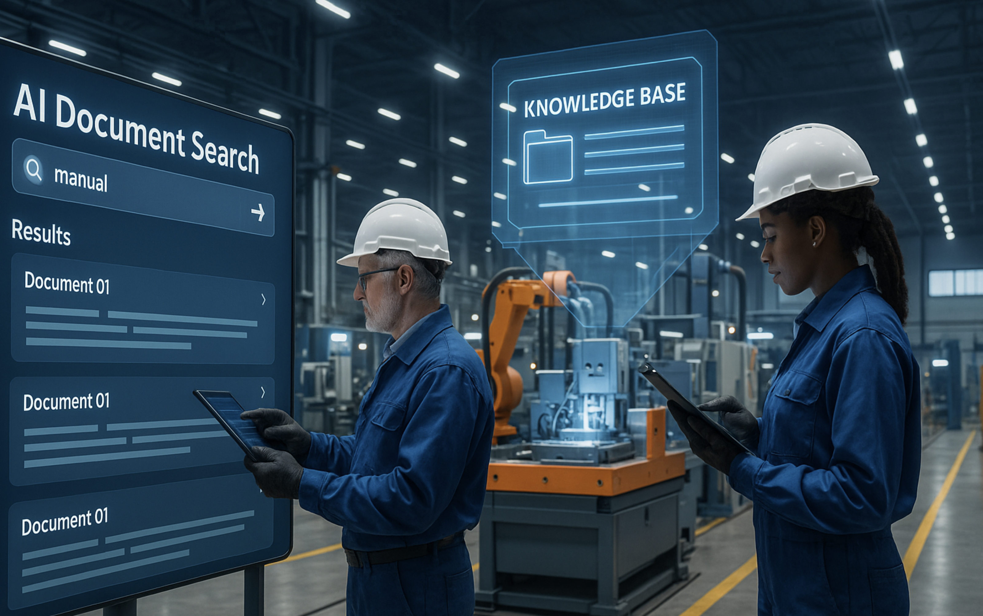 제조업 현장에서 RAG 시스템을 활용하여 기술 문서에 접근하는 모습을 보여주는 개념도. 작업자들이 태블릿과 디지털 인터페이스를 통해 AI 기반 지식 검색 시스템을 사용하고 있습니다.